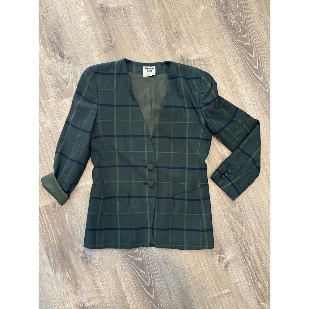 Harrison Kent Women's Vintage Blazer Green Navy Blue Plaid Size 6